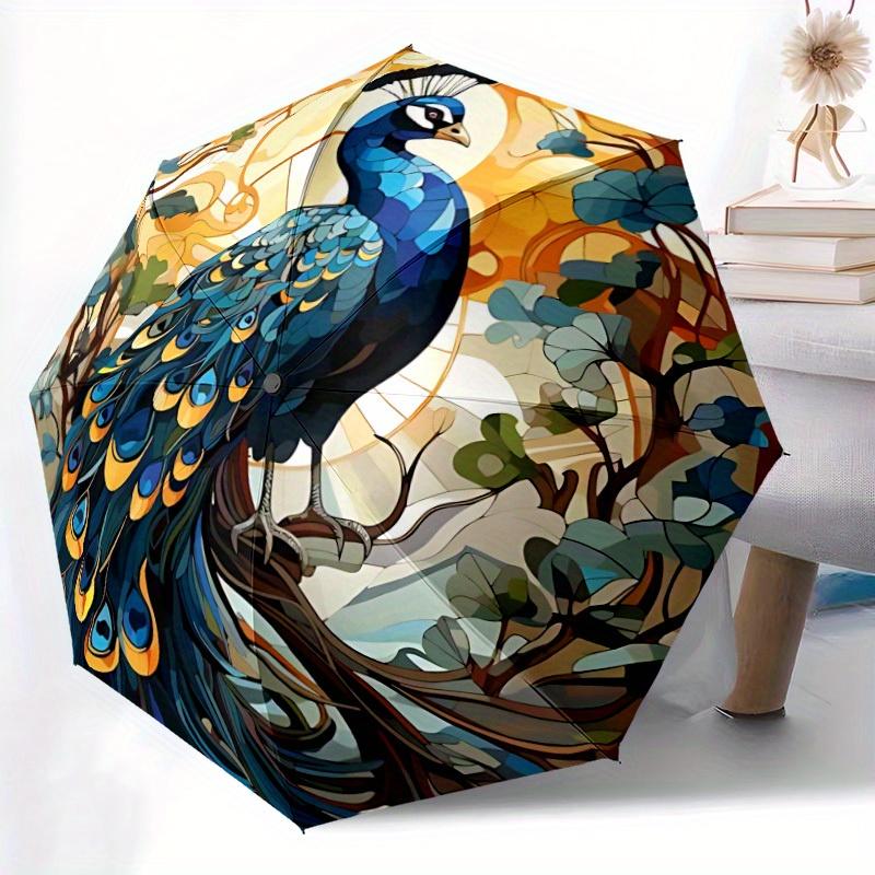 

1pc Peacock Art Nouveau Automatic Open/close, Heavy-Duty Iron Frame & 8-Rib Structure, Compact Folding Umbrella for Women/Men, (as the picture,Iron&8K)