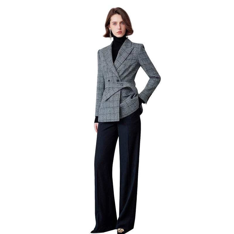Luxurious British Style Dark Plaid Suit: Women's Jacket & Straight-Leg Pants Two-Piece Set for Autumn/Winter.