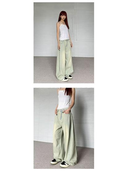Women's Summer Retro Hong Kong Style Light Wash Wide Leg High Waist Denim Trousers