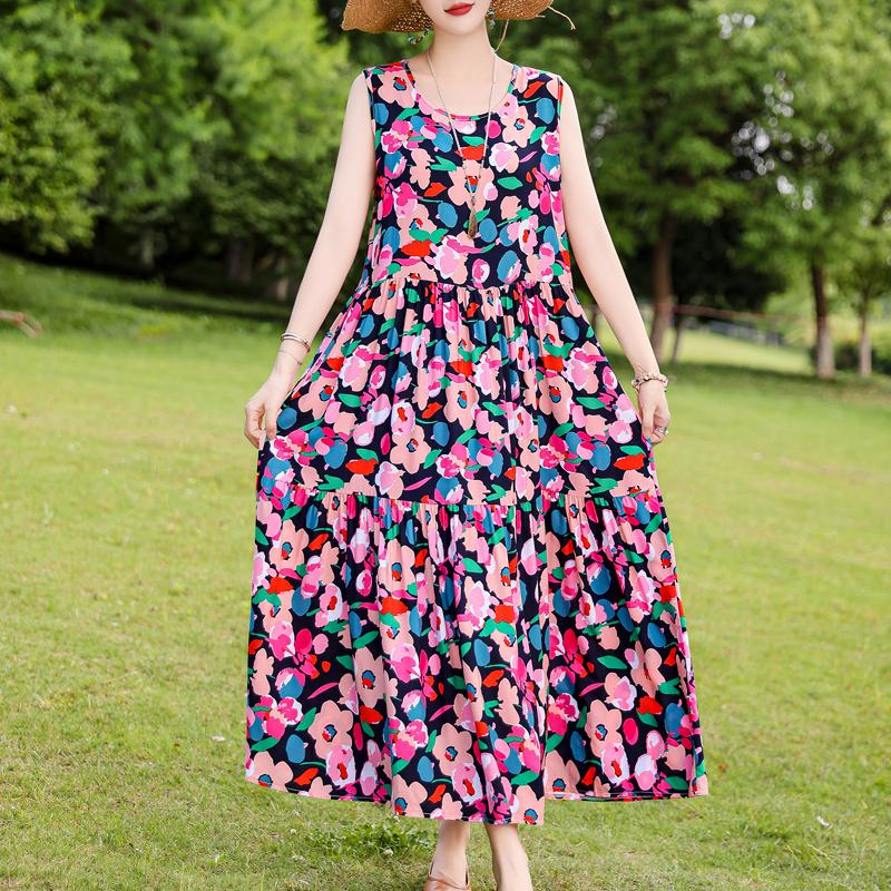 Elegant Sleeveless Dress for Women Plus Size Loose Vintage Print Long Dress Summer Middle-aged Women's Clothing