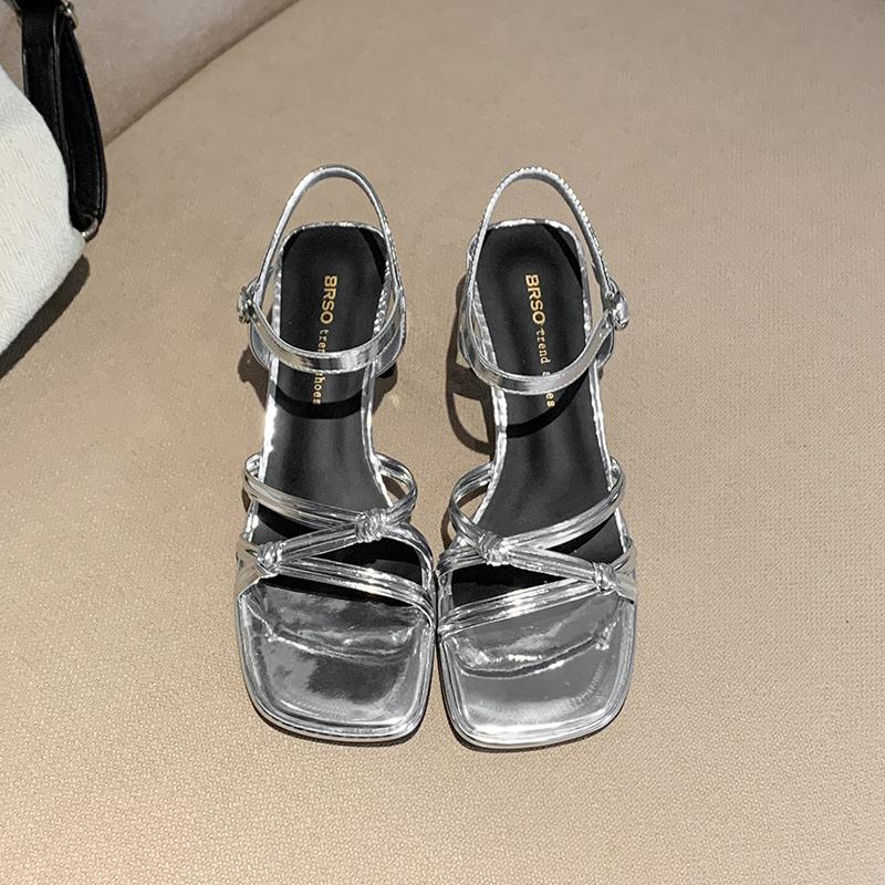 

Fashion Women Heeled Sandals Square Toe Chunky Shoes Woman Slingback 2025 Trend Dress Shallow Loafers Summer Elegant Sandalias De Mujer 40