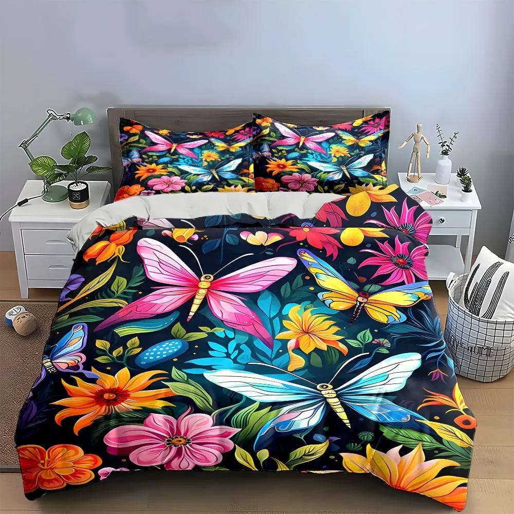 Colorful Butterfly Floral Decoration Soft Comfortable Duvet Cover Bedding Set Included 1*Duvet Cover & 2*Pillowcases Gift