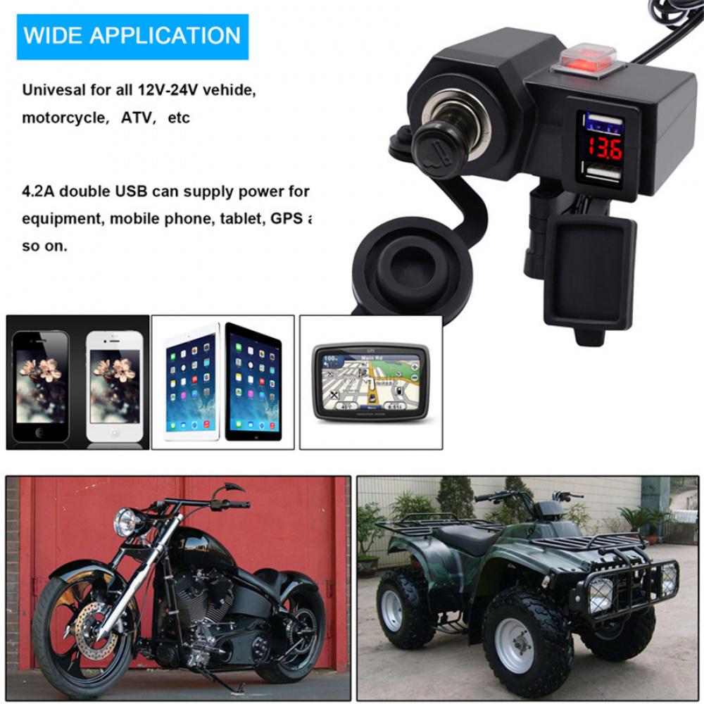 Dc12V Waterproof Motorcycles Handldbar 2Usb Port Adapter Blue Led With Voltmeter