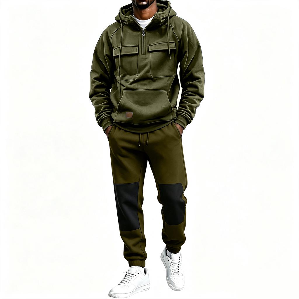 Men's Multi-Pocket Zip-Up Hoodie and Black Casual Pants 2 Piece Athletic Set