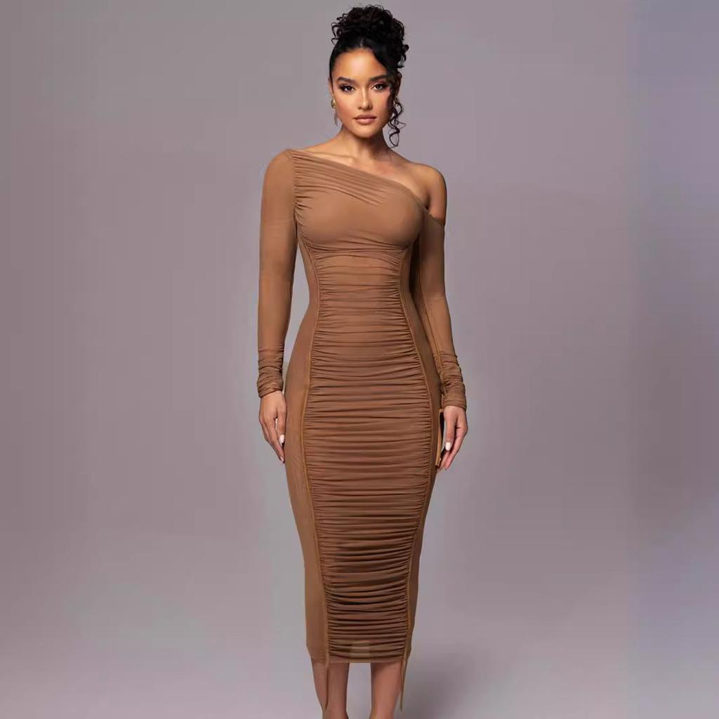 European and American Style Summer New Women's Clothing Long-sleeved Mesh Stitching Slanted Shoulder Medium and Long Dress Fashion Pleated Dress Women