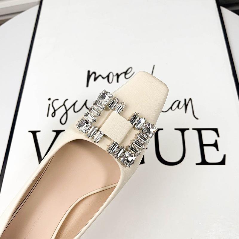 B temperament square head rhinestone high heels design sense shallow mouth square buckle one pedal lazy satin single shoes