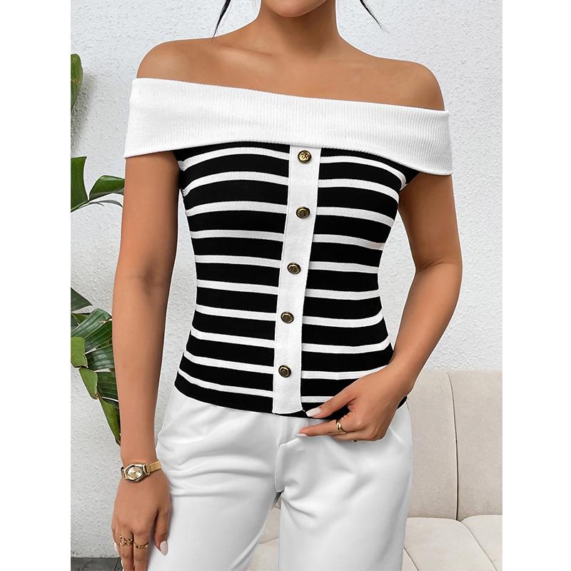 Moda Donna Rigata Senza Maniche Fuori Spalla Pullover Pullover Maglieria Donna Primavera Estate