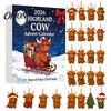 Hochlandkuh Adventskalender Weihnachten mit 24 Acryl-Ornamenten, Festliche Countdown-Box für Zuhause zur Baumaufhängung und Saisonale Dekoration