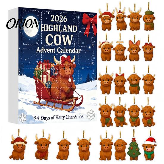 Hochlandkuh Adventskalender Weihnachten mit 24 Acryl-Ornamenten, Festliche Countdown-Box für Zuhause zur Baumaufhängung und Saisonale Dekoration