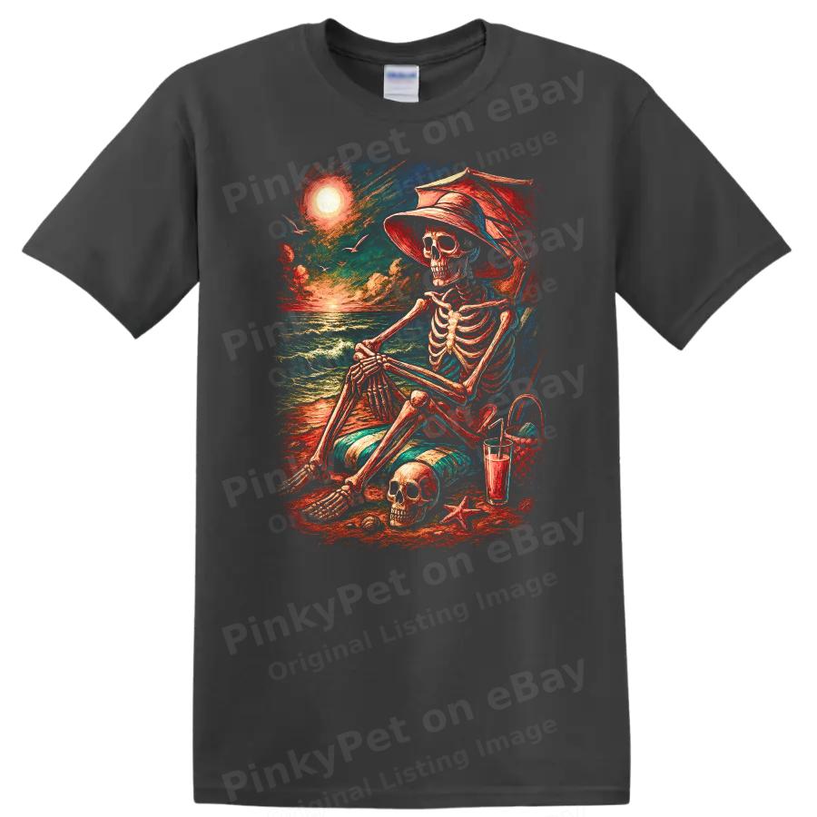 Skeleton Beach Scene Relaxing T Shirt Chill Sunset Ocean Vibes Casual Tee