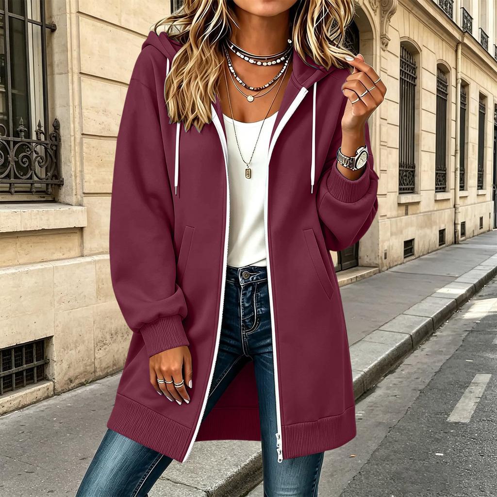 Chaqueta Larga con Capucha y Doble Cremallera para Mujer con Mangas Largas y Bolsillos