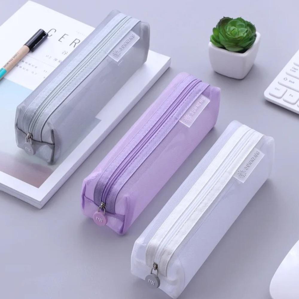Multicolor Pencil Pouch Translucent Stationery Bag Portable Mesh Pencil Bag  Student