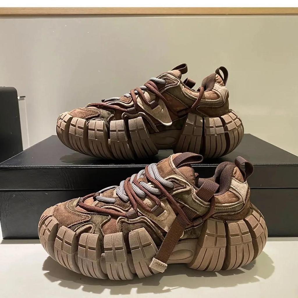 Platform Sneaker Men's Tire Sole Designer Chunky Running Shoes British Retro Luxury Microfiber Leather Shoes  Chaussure Homme