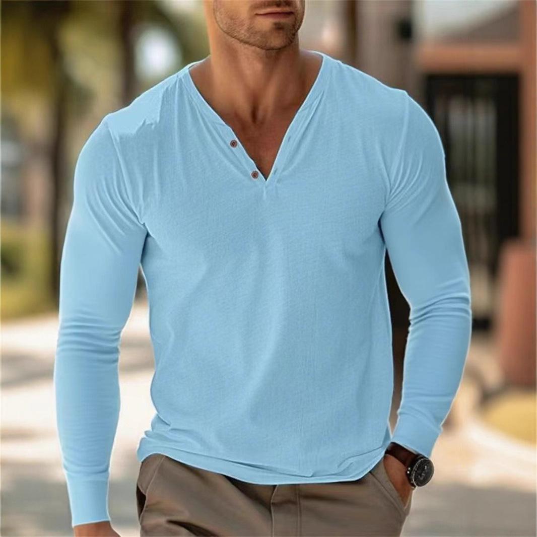 

Muscle Fitness Men s Spring and Autumn Sports Casual Running Breathable Sweat-Absorbing Stretch Long Sleeve Button V Neck T-Shirt XXXL светло-синий