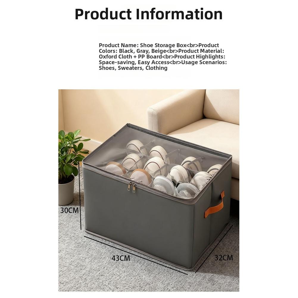 Storage Box with Lid for Footwear Foldable with 12 Grid Sections Clear Window for Easy Identification Made with Oxford Fabric