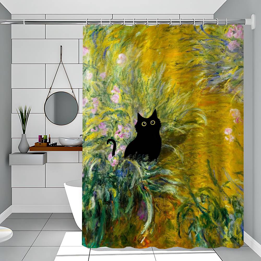 Claude Monet Artworks Interesting Cute Black Cat Simple Shower Curtain Bathroom Shower Curtain Easy To Clean Scrub Polyester
