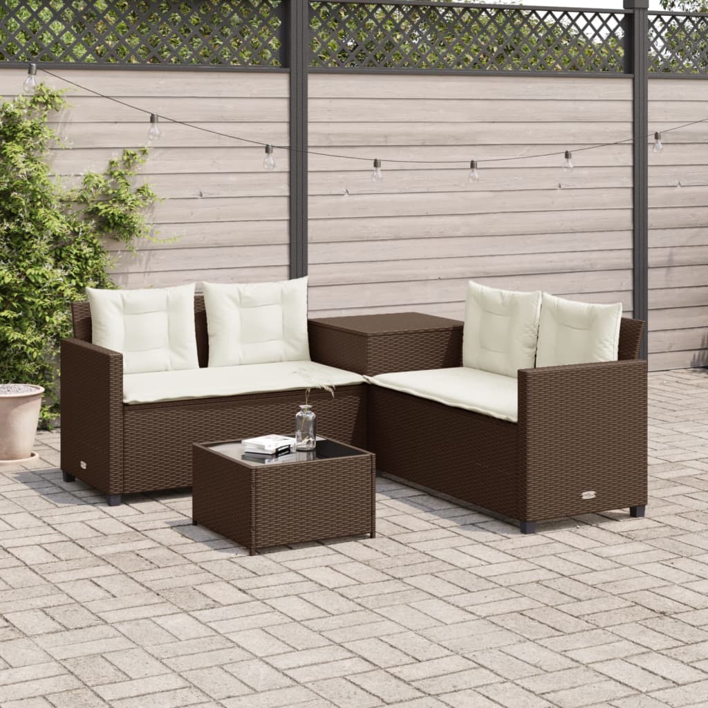 L Shaped Garden Sofa with Table and Cushions Brown Poly Rattan
