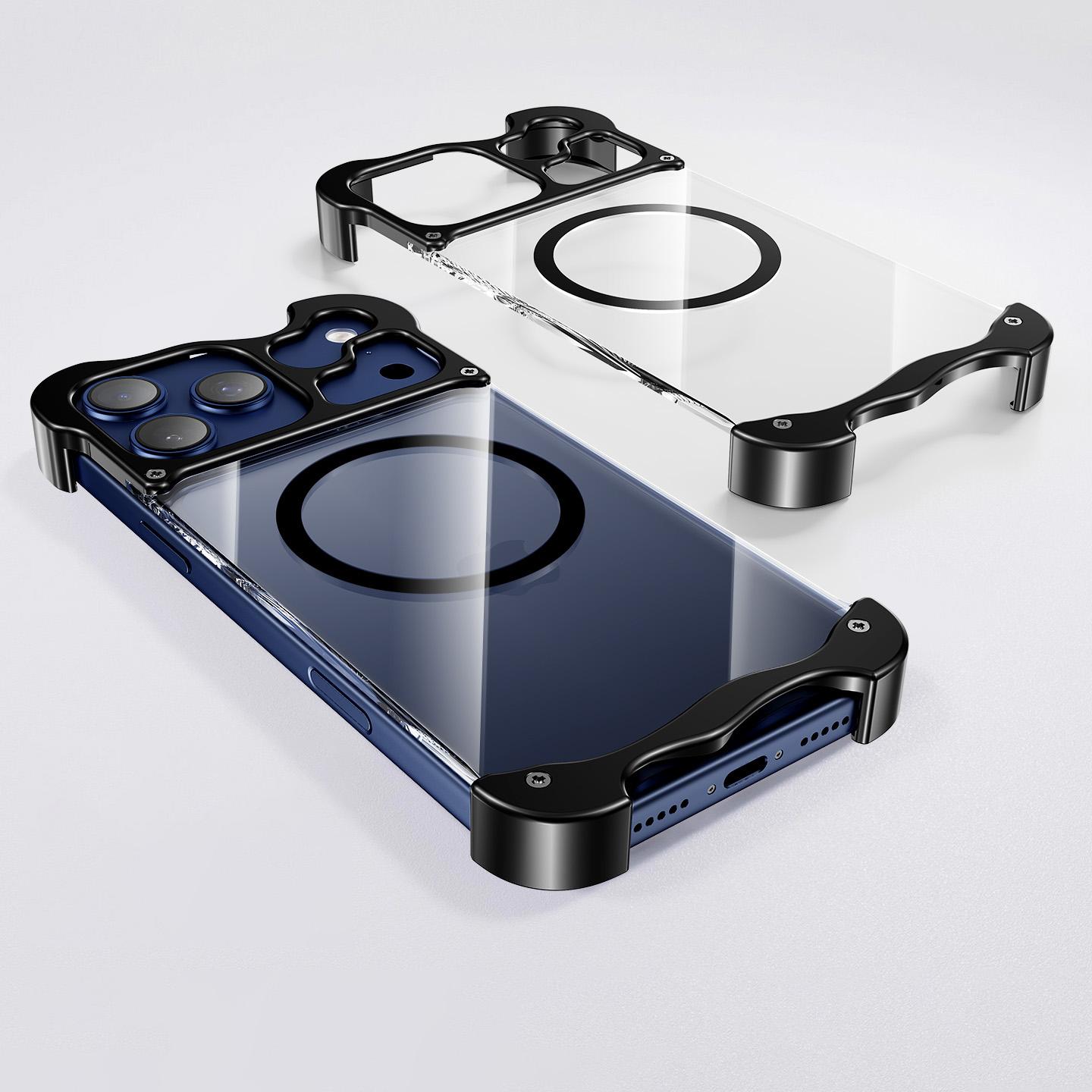 

Безрамочный магнитный чехол для iPhone 17 Air 16 15 Pro Max Магнитная крышка Металлическая защита углов Защита ПК HD прозрачная задняя панель iPhone 15 Pro чёрный