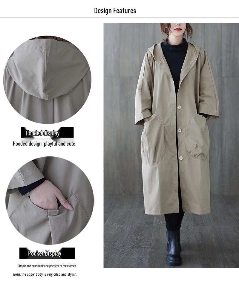 2338 Women's Plus Size Artistic Casual Trench Coat - 2026 Spring New Arrival, Mid-Length, Long-Sleeved Outerwear