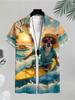 Men'S Casual Hawaiian Shirt, Vibrant Short-Sleeved, Polyester Fabric, Mixed Colors, Multiple Sizes Available, Featuring Surfing Dog Print, Suitable