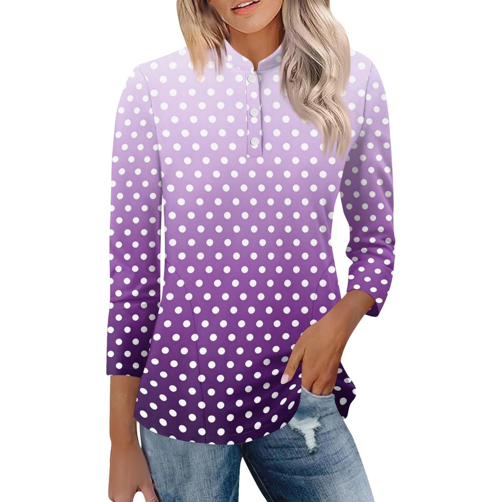 Damen Casual Poloshirt Lockerer Schnitt Dreiviertelarm Oberteil Knopfleiste Pünktchenmuster Leichter Bequemer Stoff