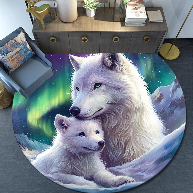 Weißer Wolf Runder Teppich, Teppich für Wohnzimmer Schlafzimmer Sofa Spielzimmer Dekor, Rutschfeste Bodenmatte