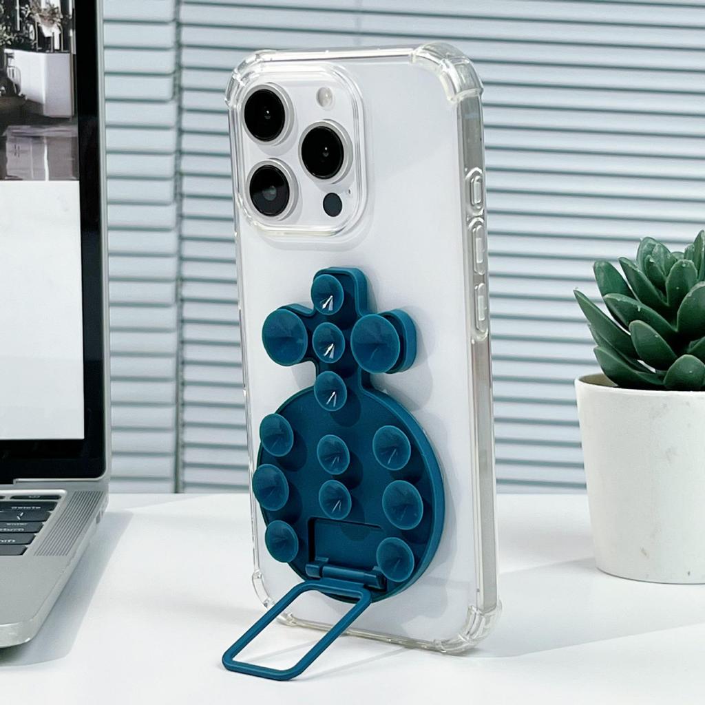 Magnetic Liquid Silicone Phone Case with Adhesive Metal Ring and Retractable Suction Cup Stand