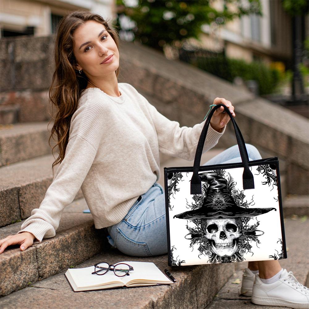 Gothic Witch Skull Pattern Tote Bag Halloween Style Portable Shoulder Handbag for Daily Use