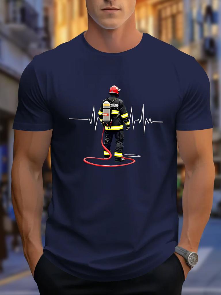 Firefighter Heartbeat Line Graphic Unisexs Short Sleeve T Shirt Fireunisex Hero Crew Neck Casual Daily Outdoor Cotton Tee For Unisex