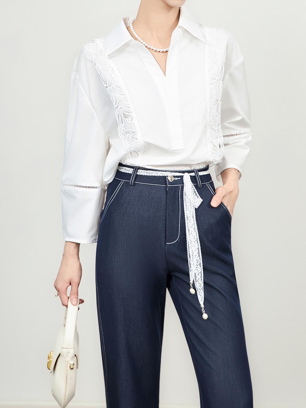 

High-Quality French Seven-Sleeve Lace Spliced Loose Summer Women s Shirt Large белый