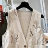 Women Floral Embroidered V Neck Button Front Cotton Vest