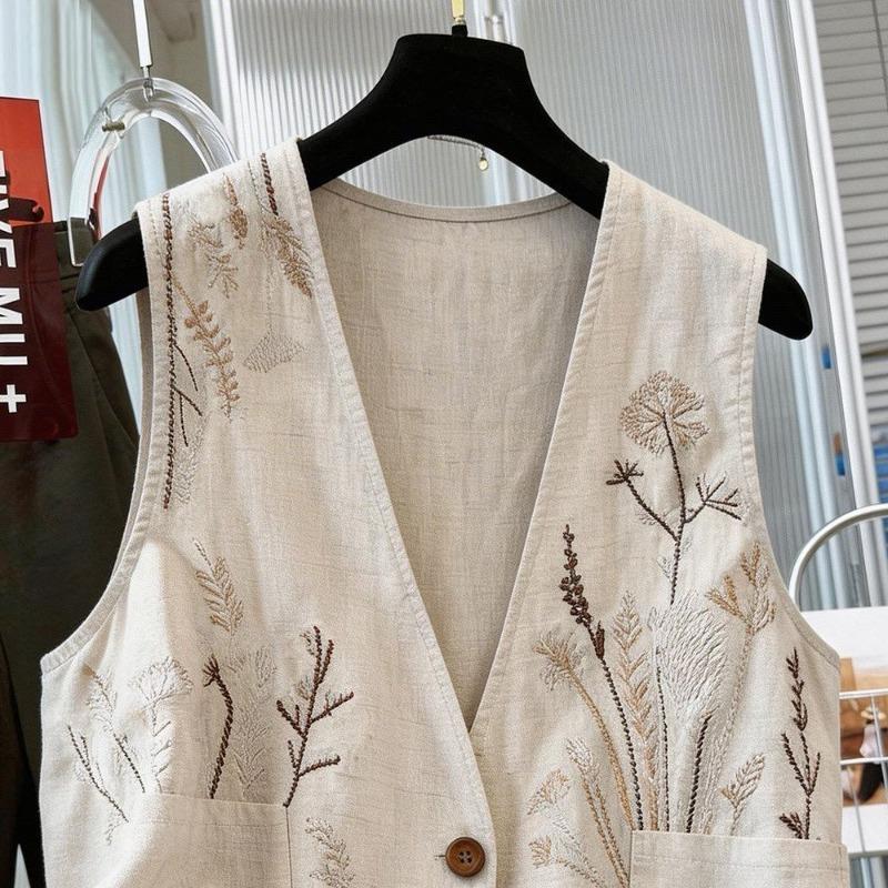 Women Floral Embroidered V Neck Button Front Cotton Vest