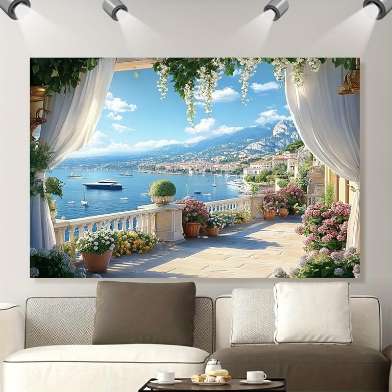 Vintage and Elegant Spring/Summer Sea View Photography Background Living Room Decoration Polyester Fiber Wall Decoration