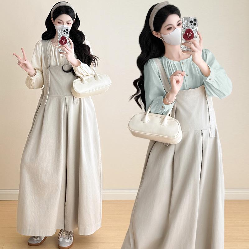 2026 Spring Japanese Style Maternity Overalls Skirt & Shirt Set L