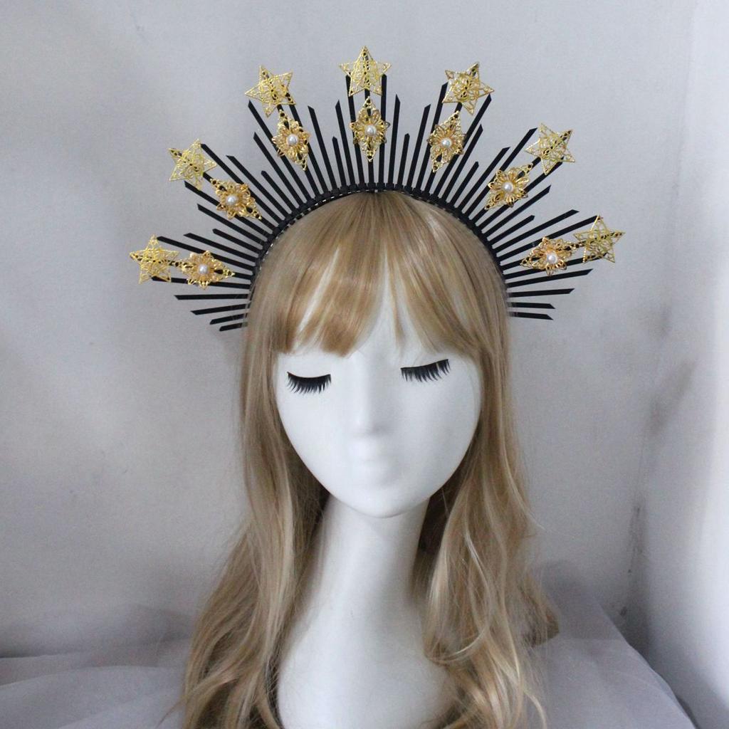 Handmade Sun Halo Crown Headband Gold Silver Black Star Hair Band Gothic Lolita Goddess Queen Anna Tiara Headpiece Accessories