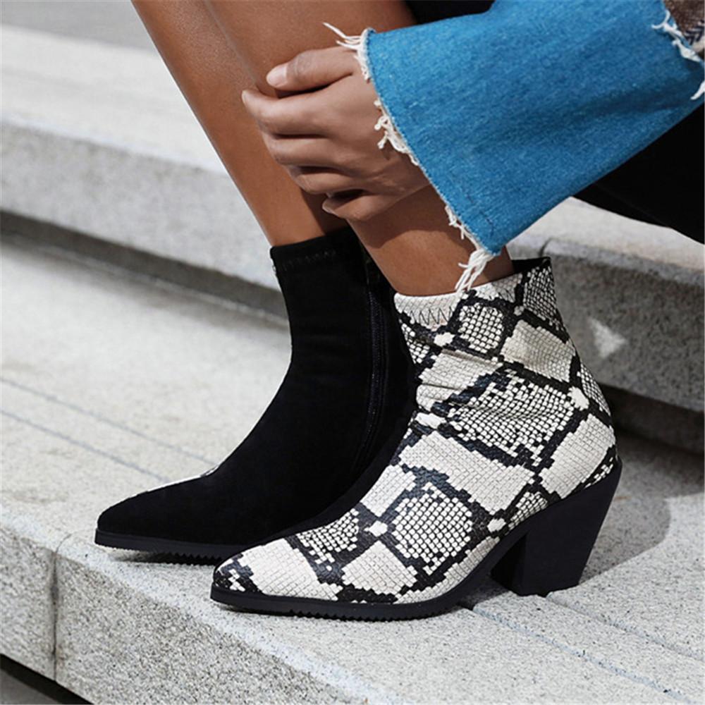 Fashion Brand Women Snake Print Winter Boots Women Ankle Boots Platform Pointed Toe Western Cowboy Boots Female Thick Heel Shoes Botas