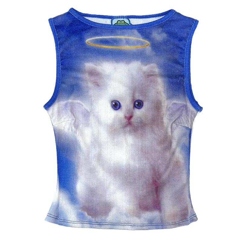 Y2K Blue Kitten Print Fitted Vest Top