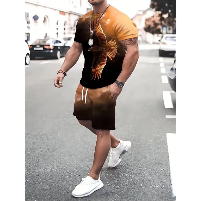 Summer Men's Lion Printed Pattern Short Sleeve Round Neck Breathable T Shirt Shorts Suit New Men's Temperament Streetwear Suit