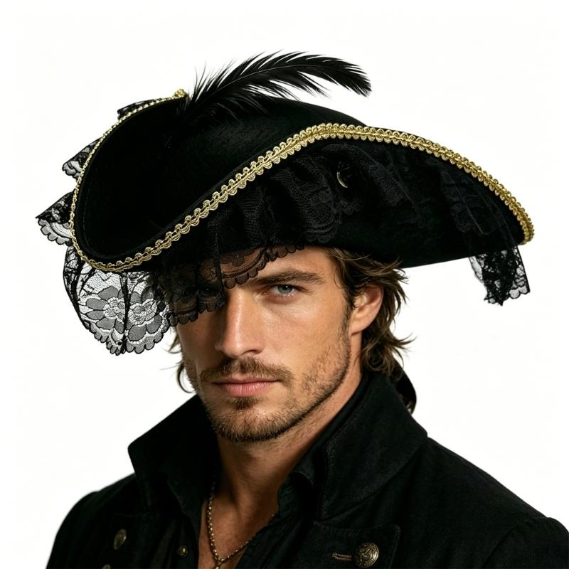 Stylish Black Pirate Hat With Lace And Feather Detail Halloween Cosplay Hat Perfect For Costume Parties