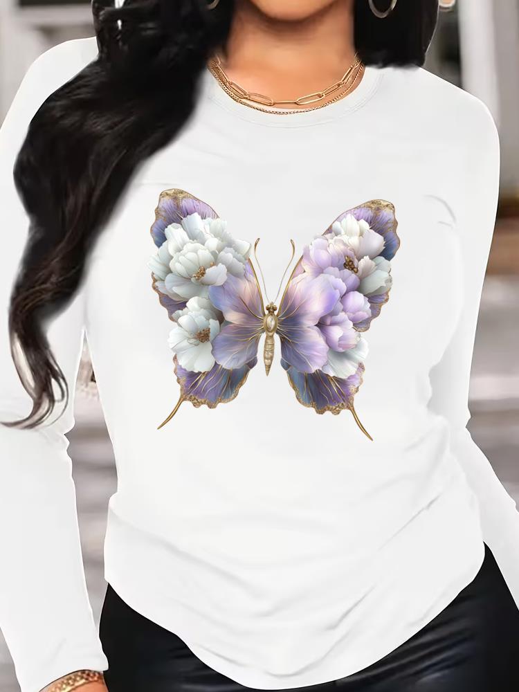 (Asian Size) Tee O-neck Print Autumn Winter Spring Women Clothing 90s Butterfly Trend Casual Long Sleeve T Shirt Fashion Top Graphic T-shirts
