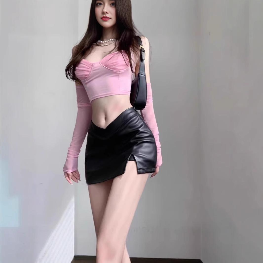 

Black Spicy Girl Low Waist PU Leather Bodycon Midi Skirt with Slit for Women - XS 2XL