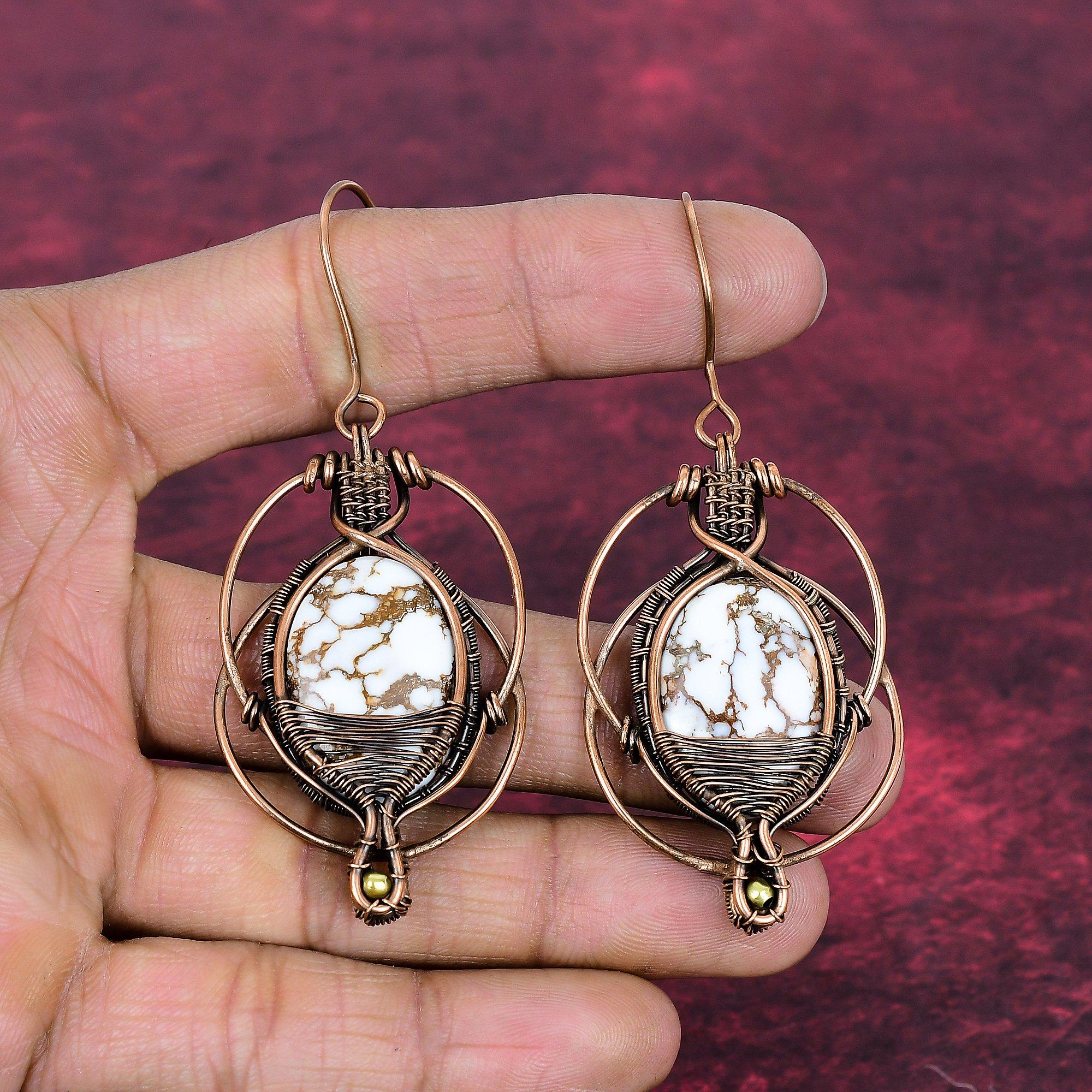 Wild Horse Magnesite Earrings Copper Wire Wrapped Earring Real Gemstone Jewelry