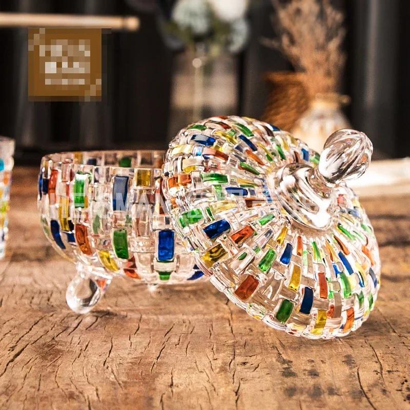 European-style Hand-painted Stained Glass Candy Jar Woven Pattern Fruit Bowl Contrast Vase Painted Juice Cup Whiskey Glass