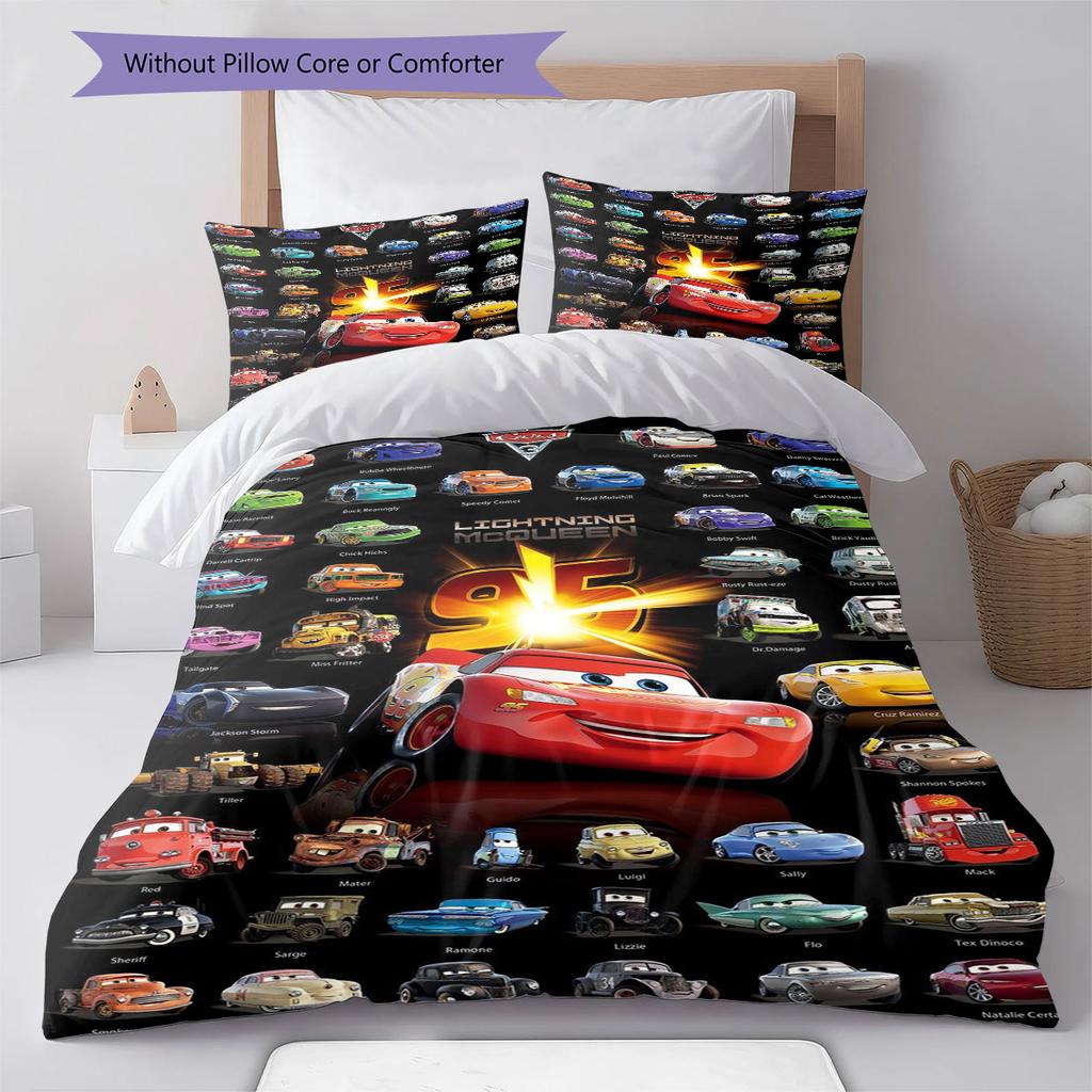 Dreiteiliges Bettwäsche-Set mit Cars-Cartoon-Print, bestehend aus Bettbezug und Kissenbezügen, weich und atmungsaktiv, Bettdecke nicht enthalten.