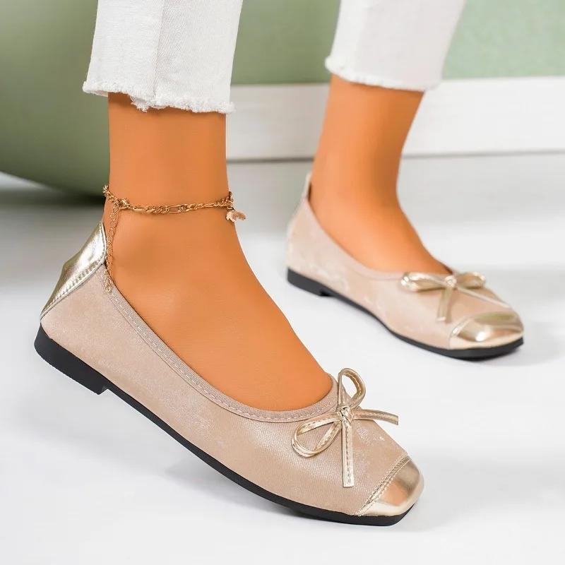 Fashion Women's Ballet Flats 2025 Gold Square Toe Shoes Women Spring Shallow Ladies Flat Shoes Casual Slip on Fashion Bow Zapatos Mujer