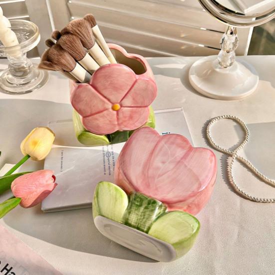 Ceramic Flower Pen Holder Cute Desk Office Storage Box Stationery Shelf Multifunctional Aesthetic Desktop Organizer for Makeup Tools Rulers Brushes