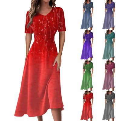 Ladies Casual Fashion Print Color V-Neck Short Sleeve Waist Long Swing Dress