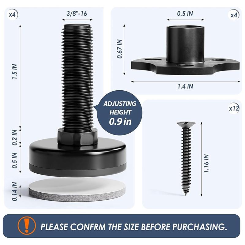 AT19-Adjustable Leveling Feet, 3/8Inch-16 Thread T-Nut Kit Furniture Levelers Table Feet, Heavy Duty Leg Levelers