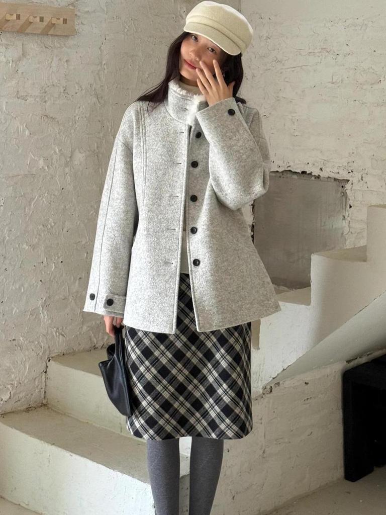 Women's Korean Retro Wool Tweed Plaid Mid-Length Skirt for Autumn/Winter