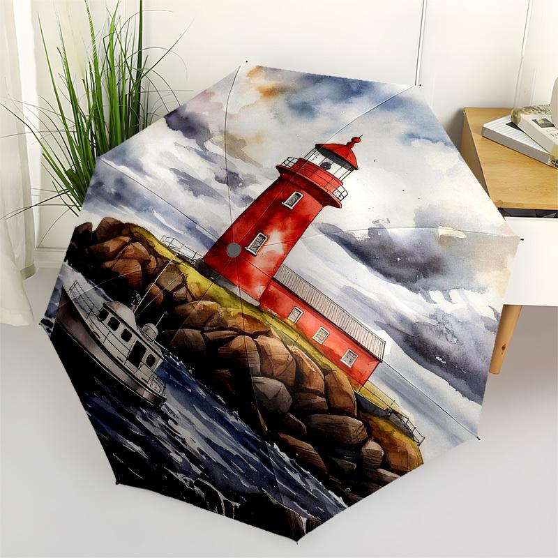 1pc Lighthouse Boat Automatic Folding Umbrella, Heavy Duty 8 Rib Iron Frame,  Suitable for Travel, Daily Use, Birthday, Decor Gift M0105111